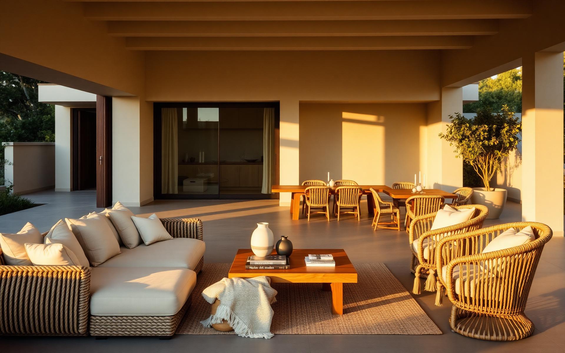 Ambiente externo mobiliado com sofá em corda náutica, poltronas e mesa gourmet Oasis Mobile